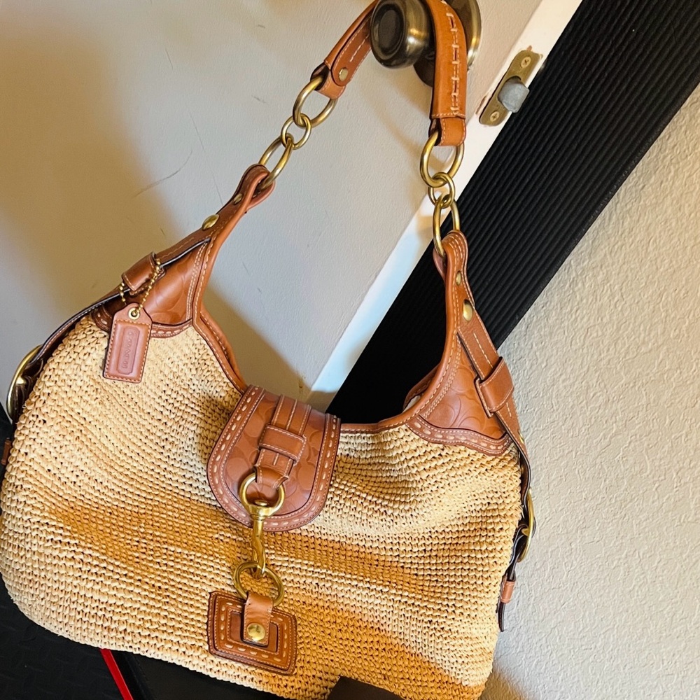 Coach, Brown and Tan raffia and leather Woven Handbag - Picture 2 of 11
